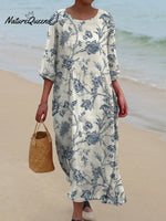 Women's Blue Vintage Curly Floral Print Pocket Cotton Dress