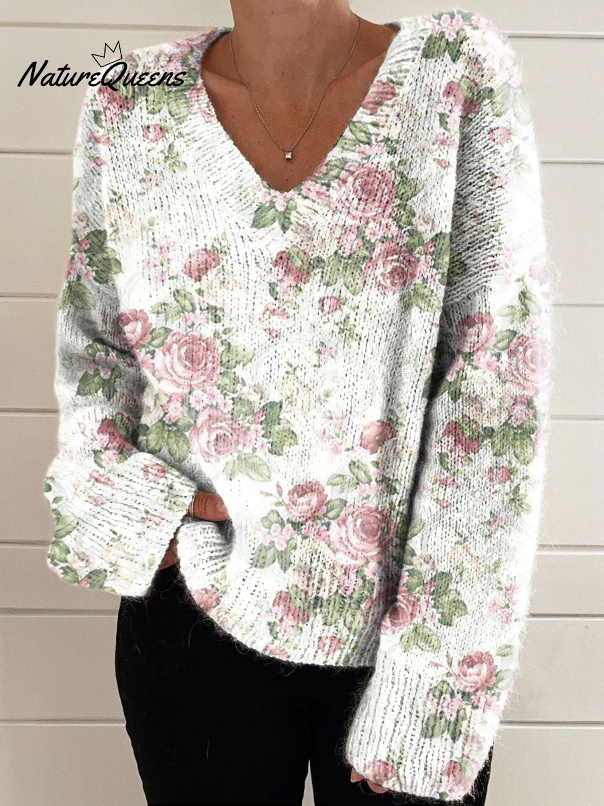 Women's Fresh Pink Roses Print Casual V-neck Pullover Knit
