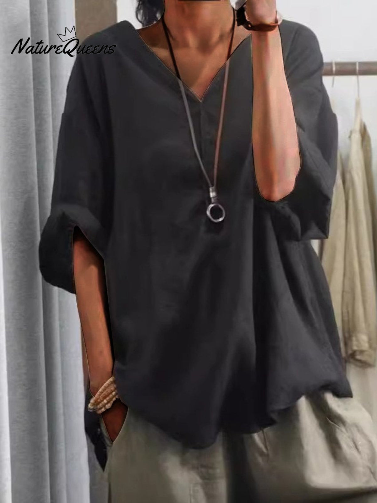 Women's V-neck Casual Cotton And Linen Shirt