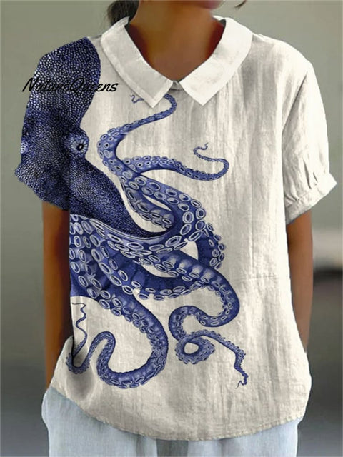 Women's Deep Sea Octopus Tentacles Art Print Casual Cotton And Linen 3/4 Sleeve Shirt