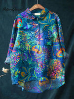 Women's Abstract Art Print Casual Cotton And Linen Shirt