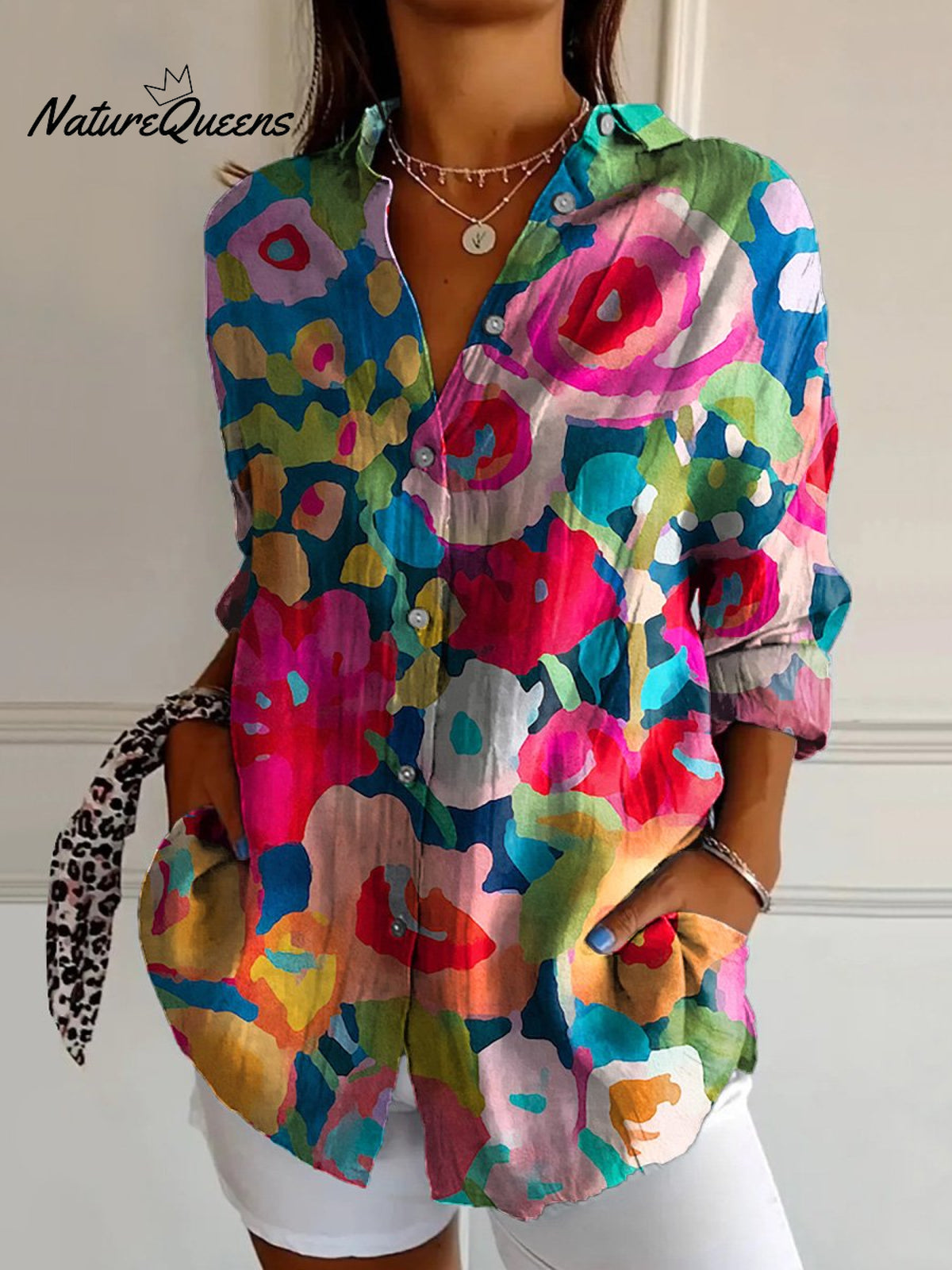 Abstract Floral Garden Art Printed Women's Casual Cotton Shirt