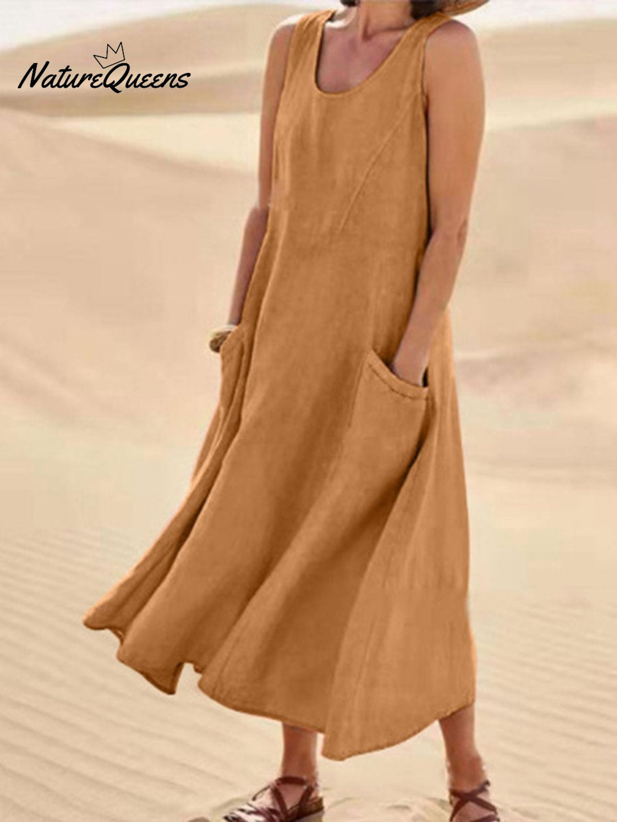 Women Sleeveless Sundress Elegant Round Neck Cotton Linen Solid Long Tank Casual Summer Dress Brown