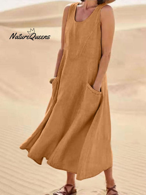 Women Sleeveless Sundress Elegant Round Neck Cotton Linen Solid Long Tank Casual Summer Dress Brown