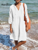Women's Solid Color Loose Elegant Casual V-neck Pocket Cotton And Linen Dress