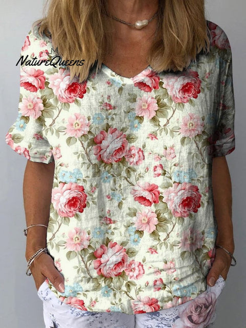 Sweet French Rose Pattern Printed Women's Casual Cotton And Linen Shirt