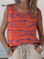Vintage Style Sardine Fish Pattern Printed Women's Casual Cotton And Linen Tank Top