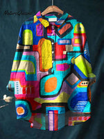 Abstrct Art Printed Women's Casual Cotton And Linen Shirt