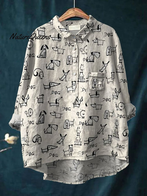 Women's Cute Dog Print Casual Cotton And Linen Shirt