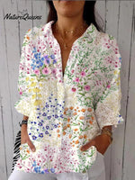 Women's Colorful Floral Print Casual Linen V-neck Shirt