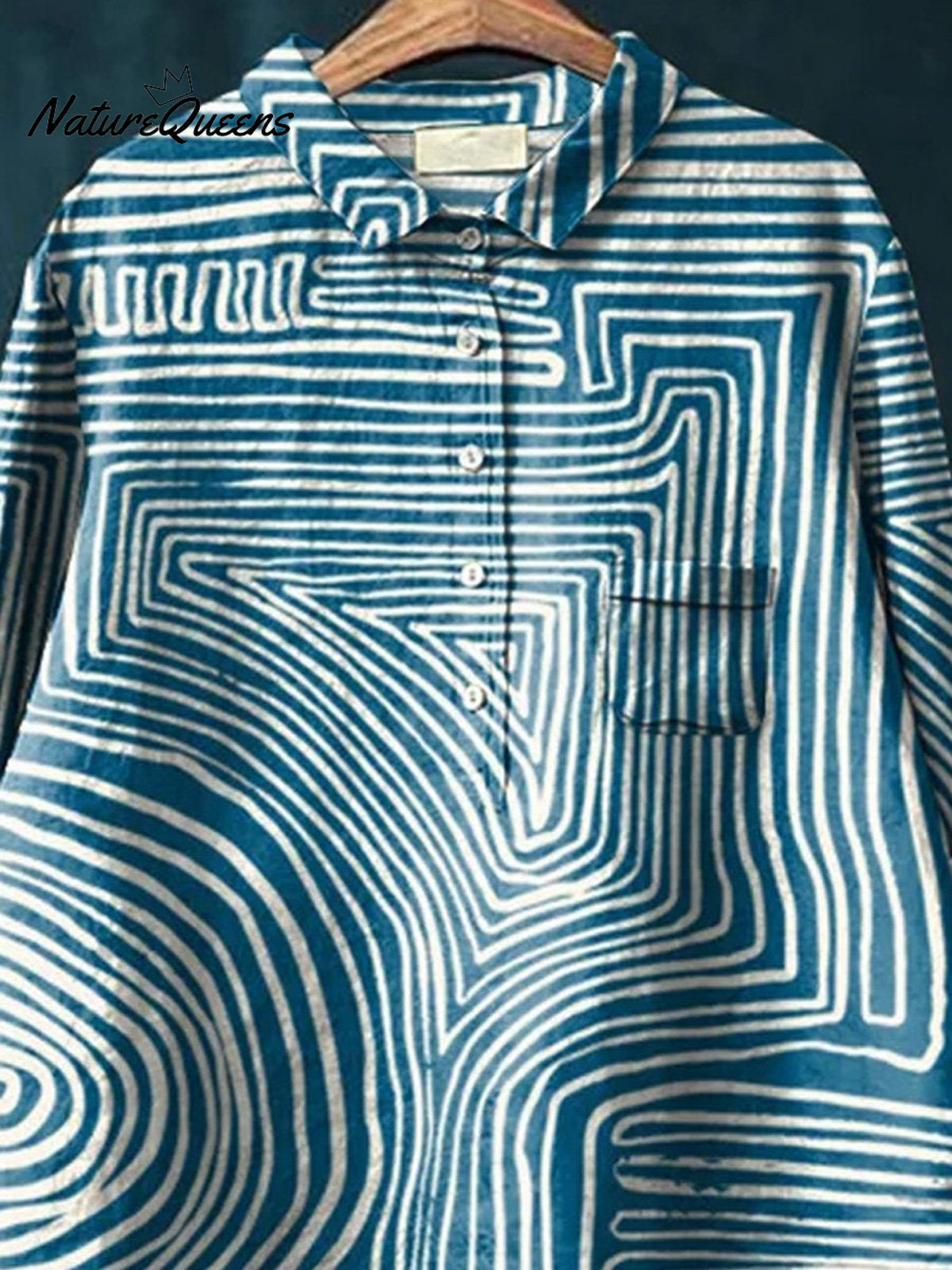 Geometric Line Pattern Printed Women's Casual Cotton And Linen Shirt