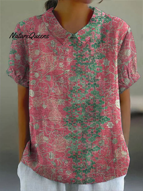 Women's Pink Pattern Print Casual Cotton And Linen Shirt