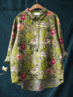 Women's Floral Art Print Casual Cotton And Linen Shirt