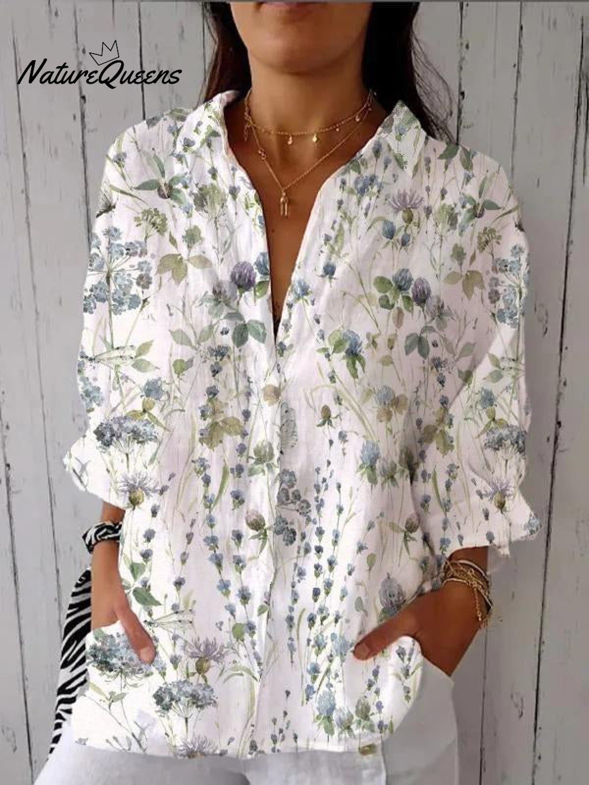Women's Blue Green Watercolor Elegant Small Flower Floral Print Casual Linen V-neck Shirt