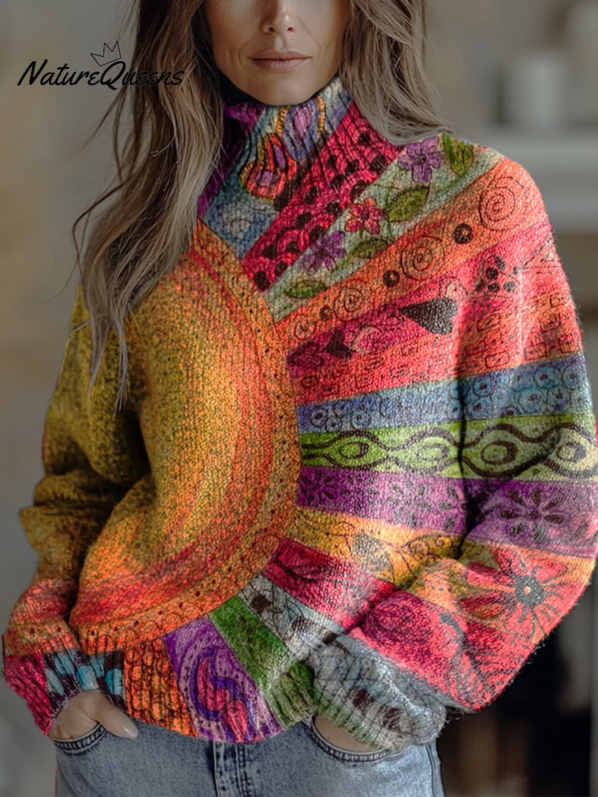 Vintage Panelled Sunburst Pattern Print Knit Turtleneck Pullover Sweater