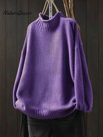 Women's Retro Solid Color Loose Elegant Half Turtleneck Casual Pullover Knitted Sweater