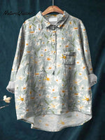 Hand painted watercolor daisies leaves Women'sPrint Casual Cotton And Linen Shirt