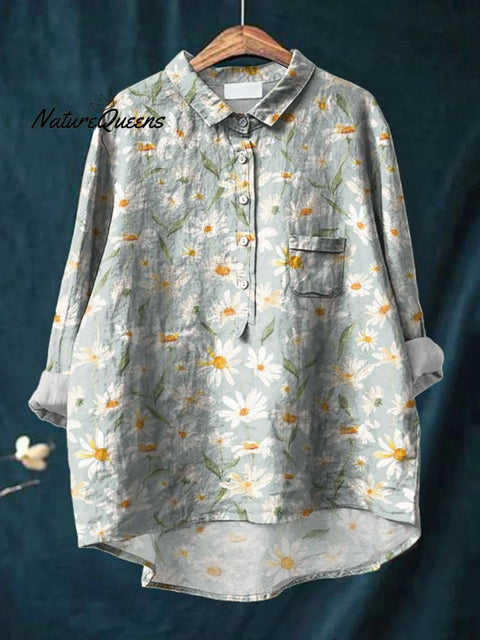 Hand painted watercolor daisies leaves Women's  Print Casual Cotton And Linen Shirt
