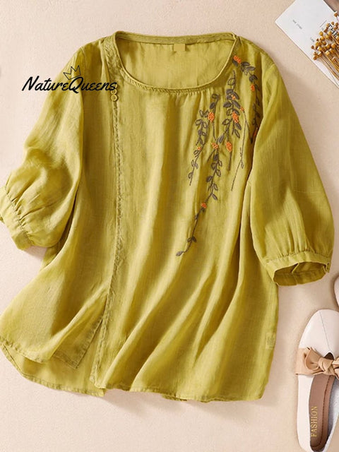 Women's Heavy Industry Embroidered Thin Cotton and Linen Crew Neck T-shirt