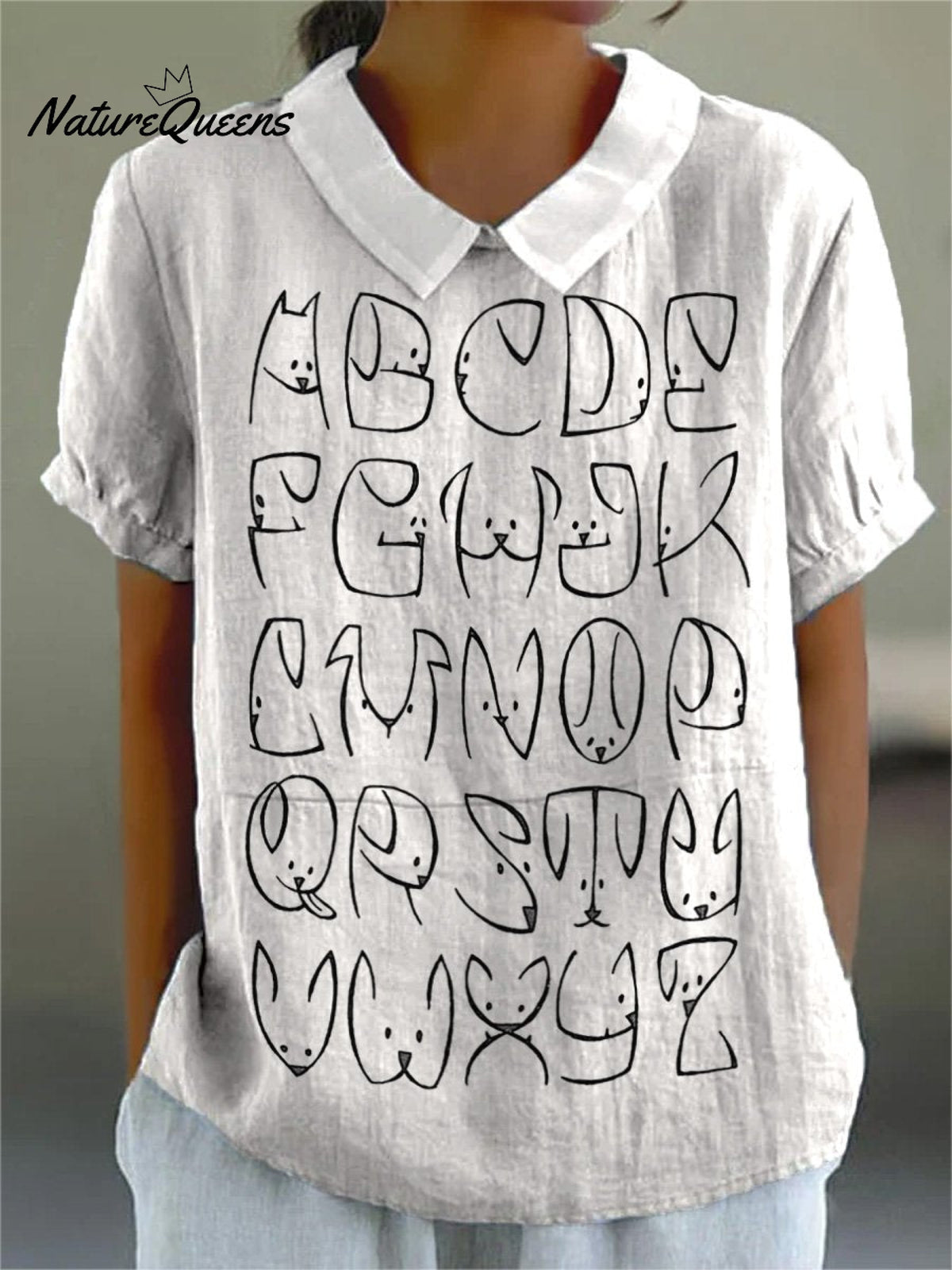 Lovely Dog Alphabet Pattern Printed Women's Casual Cotton And Linen Shirt