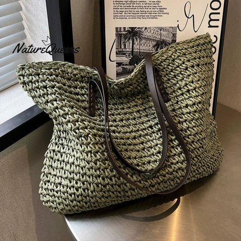Beach Vacation Western Fashion Large Capacity Shoulder Tote Straw Bag Green / Onesize