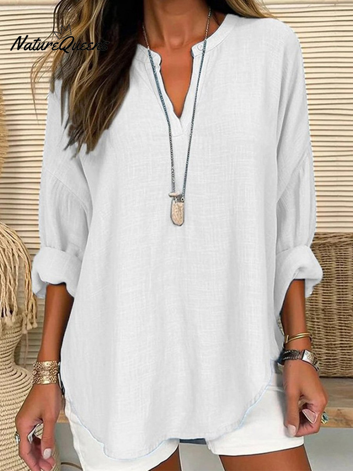 Quality Commuter Solid Color V - Neck Cotton Linen Pure Shirt White / S