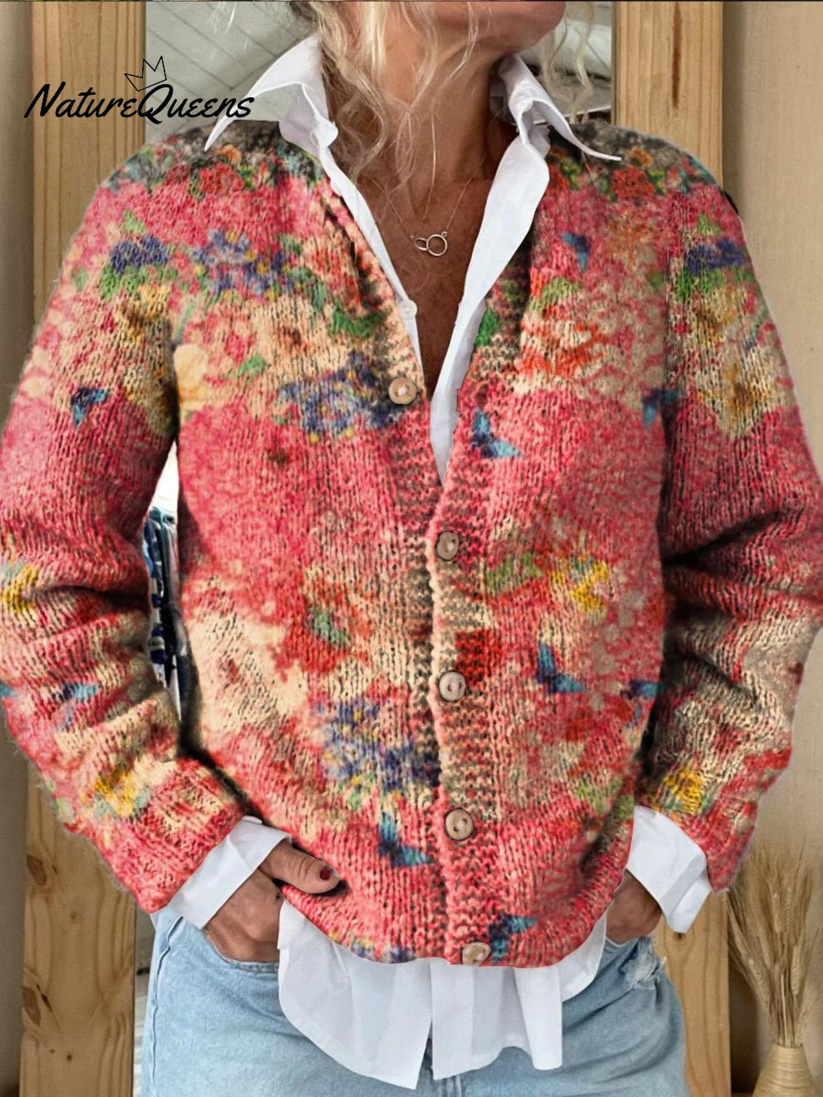 Women's Bright Floral Art Print Button Cardigan