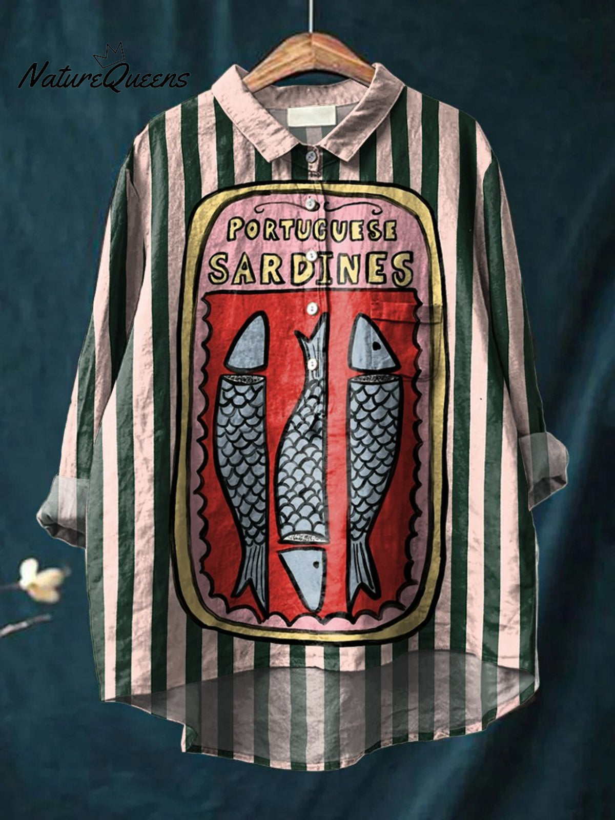 Women's Greenish-pink Striped Sardines Print Casual Cotton And Linen Shirt