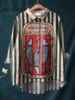 Women's Greenish-pink Striped Sardines Print Casual Cotton And Linen Shirt