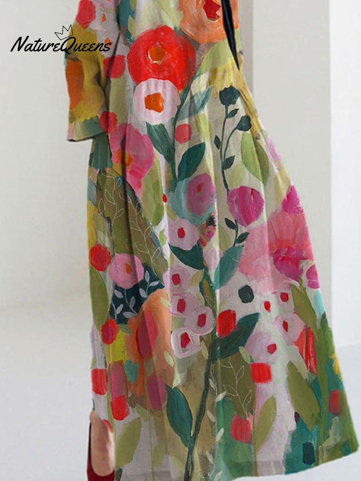 Women's Lovely Floral Art Print Large Size Loose Long Sleeve Casual Dress