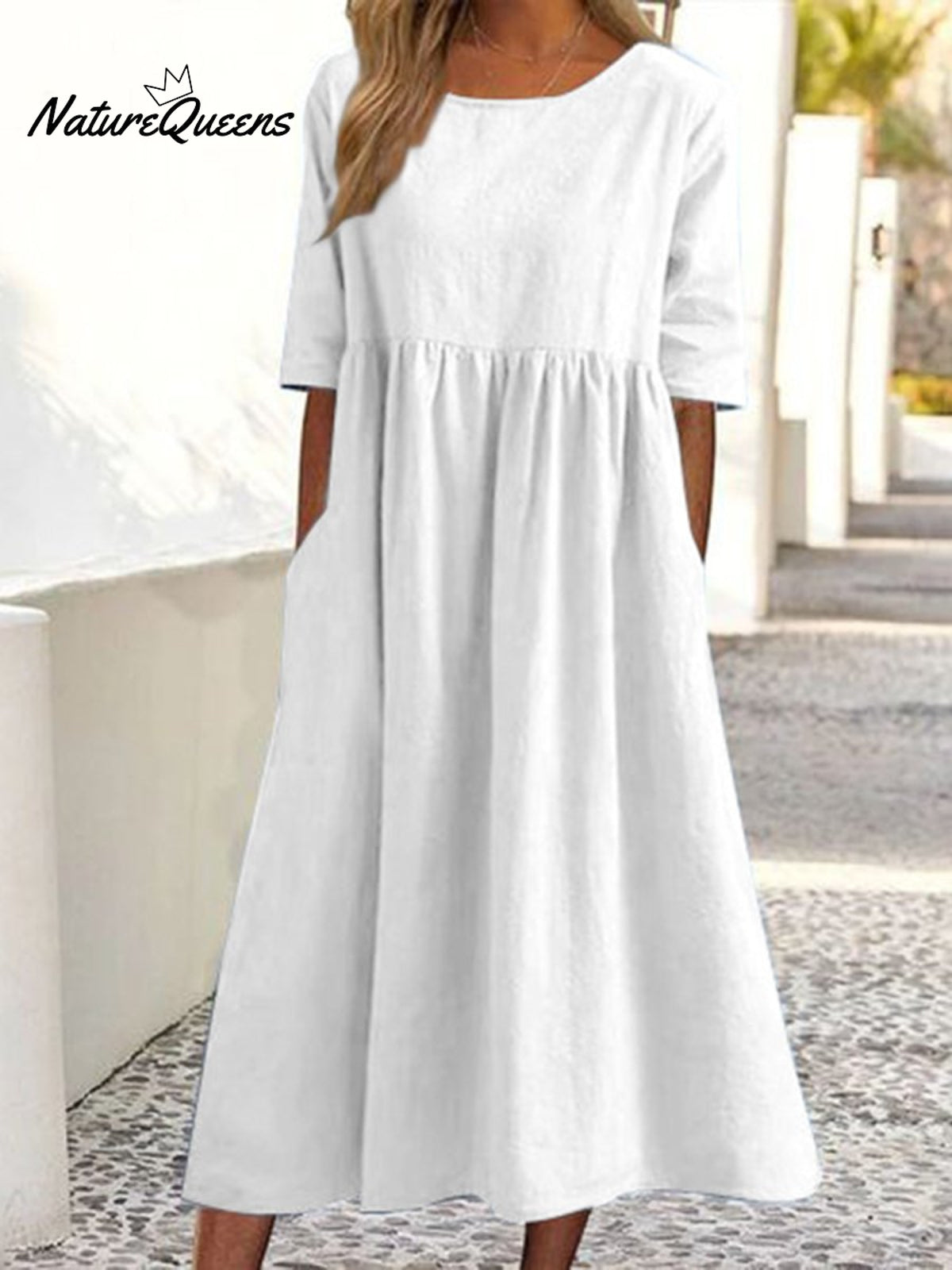 5 - Quarter Sleeve Casual Loose Solid Color Cotton And Linen Dress White / S