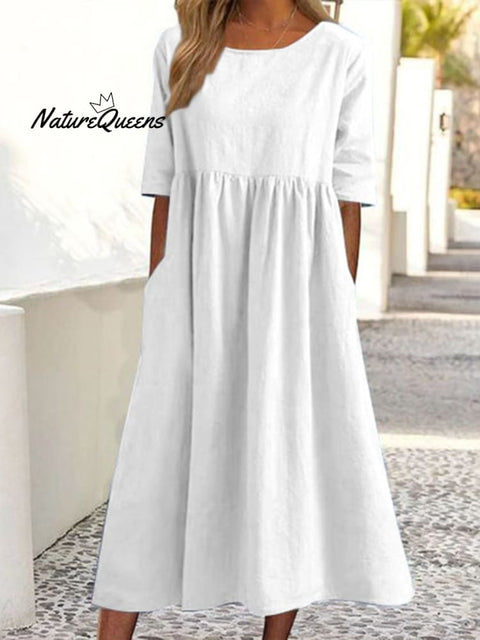 5 - Quarter Sleeve Casual Loose Solid Color Cotton And Linen Dress White / S