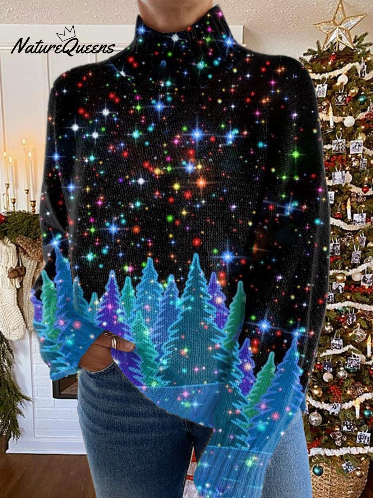 GlitterChristmasPrint Knit Turtleneck Pullover Sweater