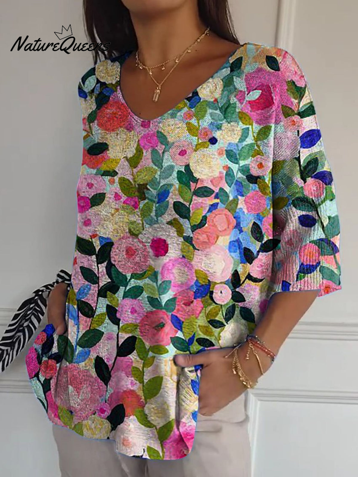 Colorful Spring Floral Garden Printed Women's Casual Pullover Knit