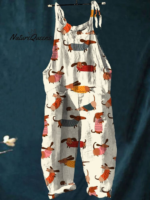 Women's Dachshund Dog Art Print Colorful Art Casual 100% Cotton Wide Leg Jumpsuit