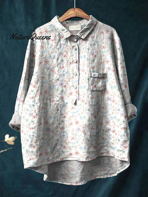 Women's Wildflowers Pattern Spring Pastel Print Casual Cotton And Linen Shirt