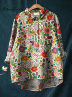 Women's Floral Art Print Casual Cotton And Linen Shirt