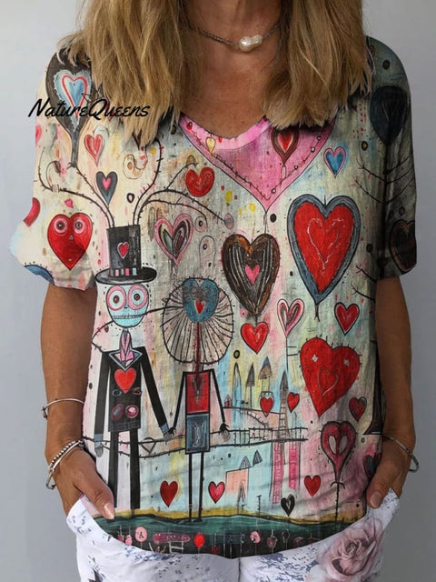 Women's Romantic Heart Shape Abstract Art Print Casual Cotton And Linen Shirt