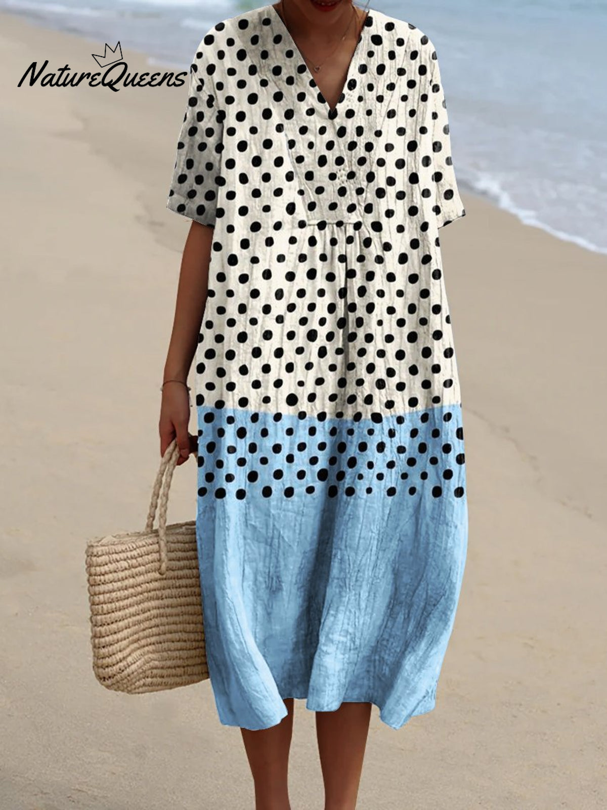 Women's Fresh Blue Dots Watercolor Splash Fluid Art Print Flowy Dress