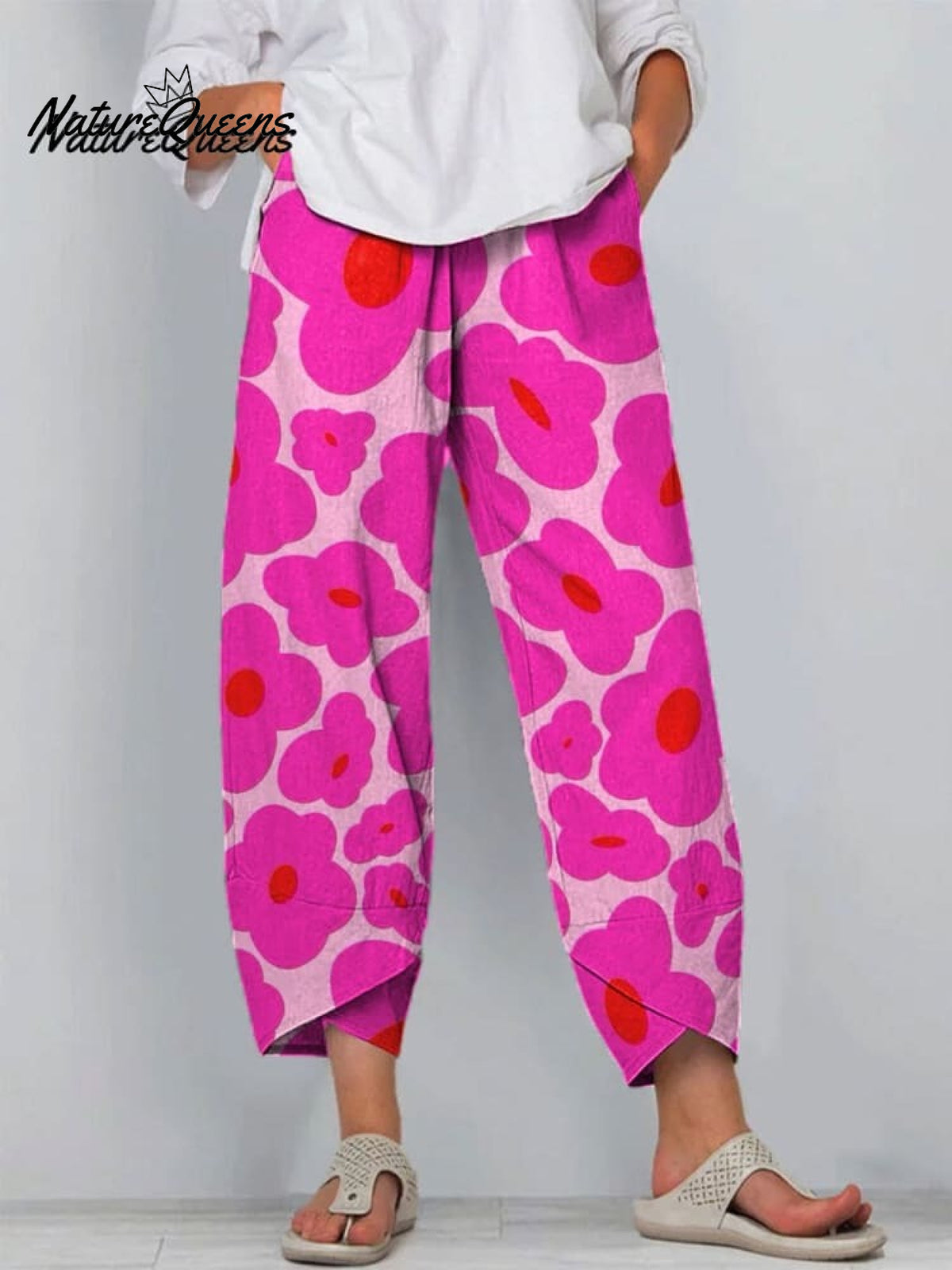 Vibrant Pink Floral Pattern Printed Women's Casual Cotton And Linen Shirt