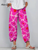 Vibrant Pink Floral Pattern Printed Women's Cotton And Linen Casual Pants