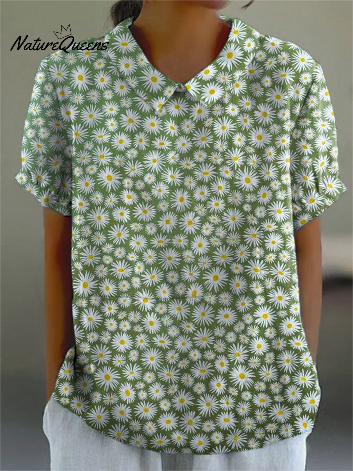 Women’s Lovely Daisy Art Print Casual Cotton And Linen Shirt Green / S