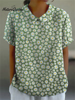 Women’s Lovely Daisy Art Print Casual Cotton And Linen Shirt Green / S