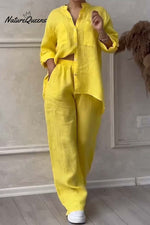 Casual solid color cotton and linen pants two-piece set