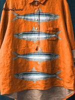 Vintage Lovely Fish Art Print Casual Cotton And Linen Shirt