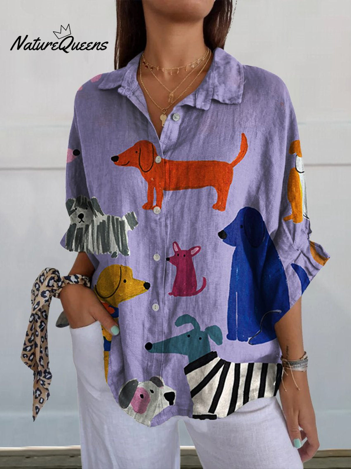 Women's Dog ArtPrint Casual LinenShirt