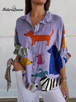 Women's Dog ArtPrint Casual LinenShirt