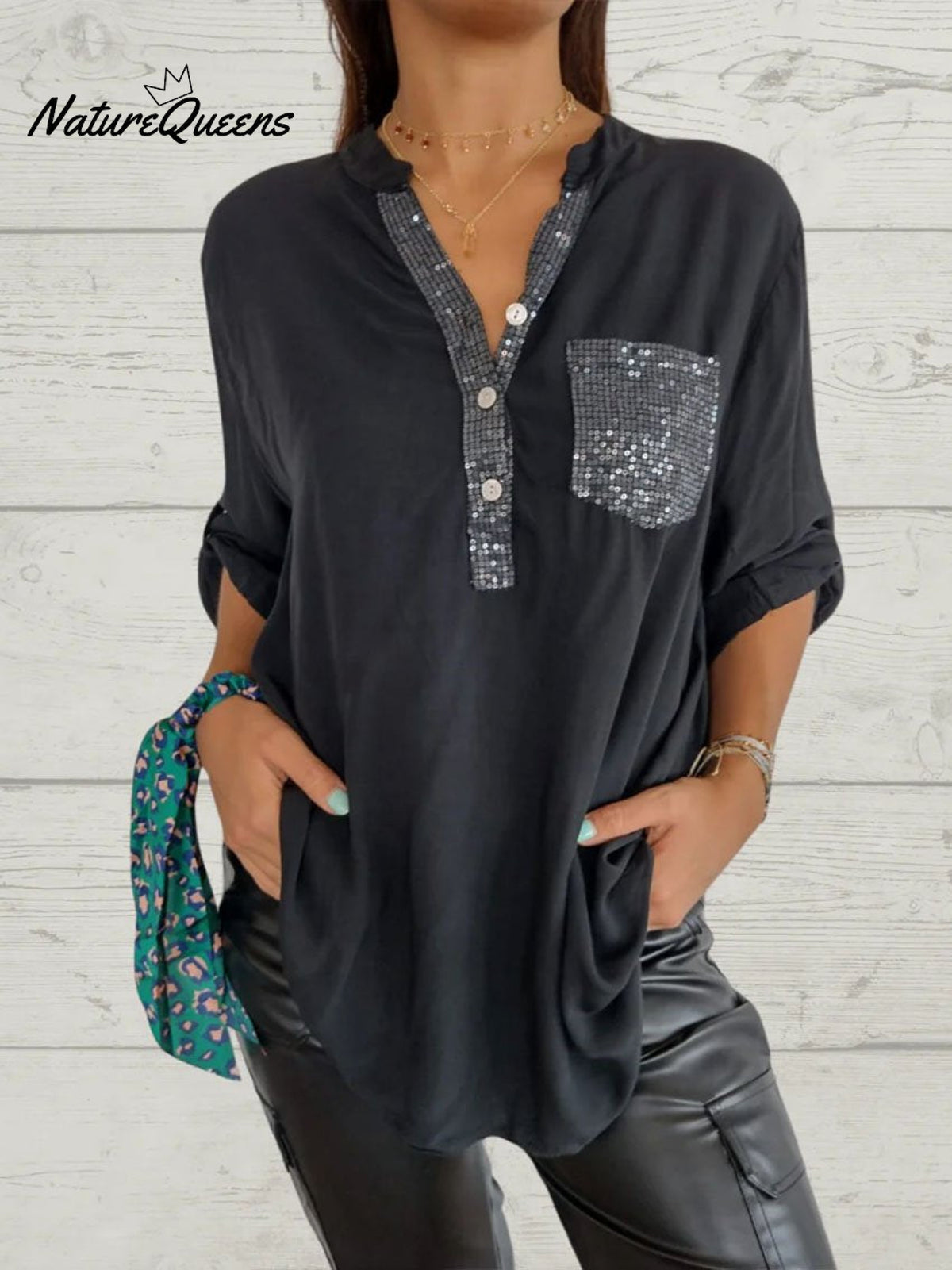 Women’s Casual Sequin Patchwork Shirt Black / S