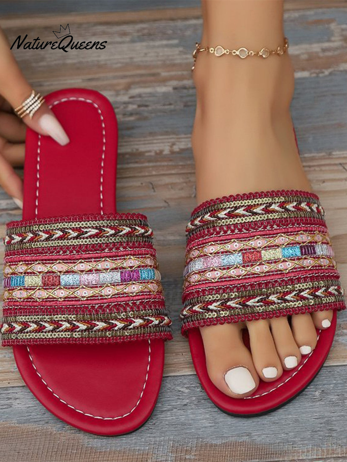 Women’s Pu Braided Bohemian Slippers Red / 36