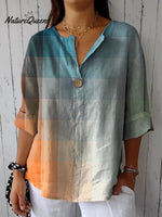 Women's Blue Orange Gradient Plaid Geometry Mosaic Abstract Art Casual Cotton Linen Shirt